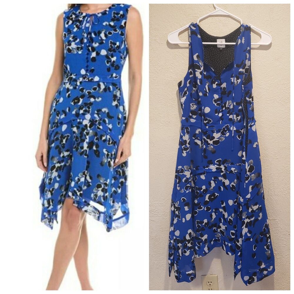 CAbi Untamed Electric Blue Floral Polka Dot Midi Dress Size M
